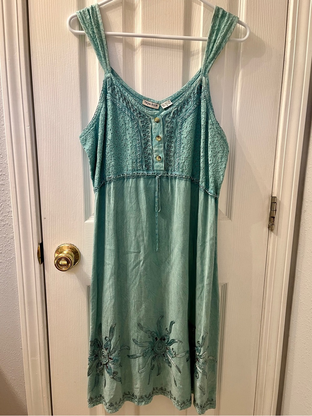 90s Celestial Aqua Embroidered Hippie Sundress